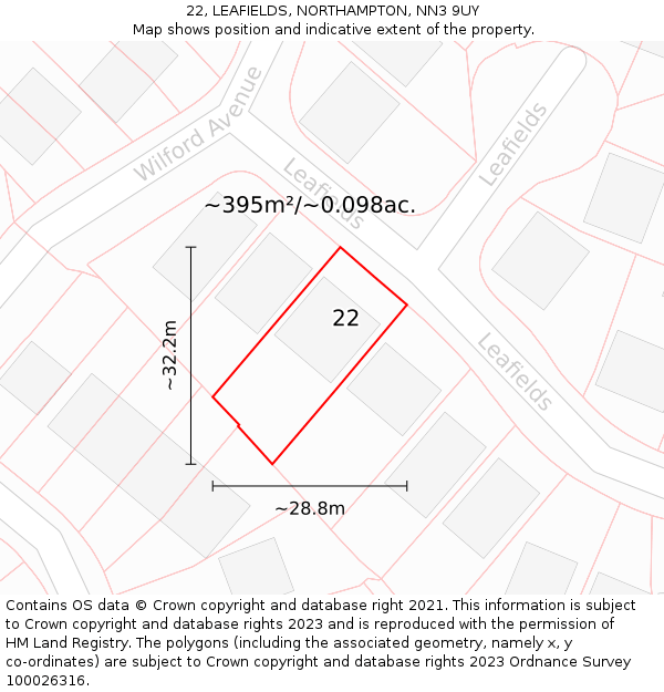 22, LEAFIELDS, NORTHAMPTON, NN3 9UY: Plot and title map