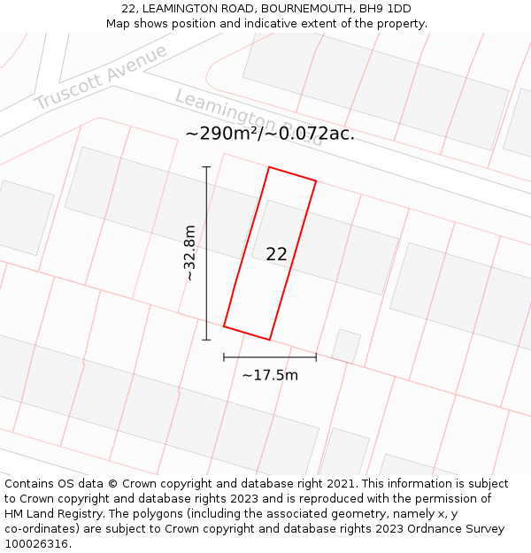 22, LEAMINGTON ROAD, BOURNEMOUTH, BH9 1DD: Plot and title map