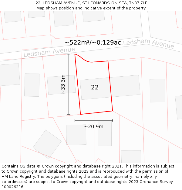 22, LEDSHAM AVENUE, ST LEONARDS-ON-SEA, TN37 7LE: Plot and title map