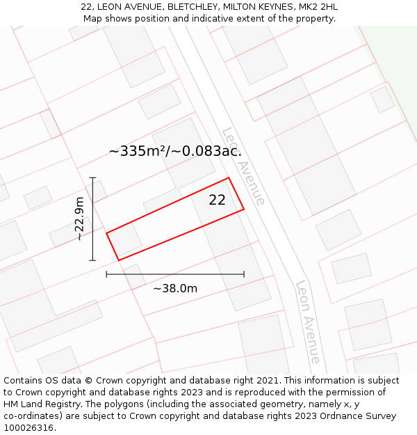 22, LEON AVENUE, BLETCHLEY, MILTON KEYNES, MK2 2HL: Plot and title map