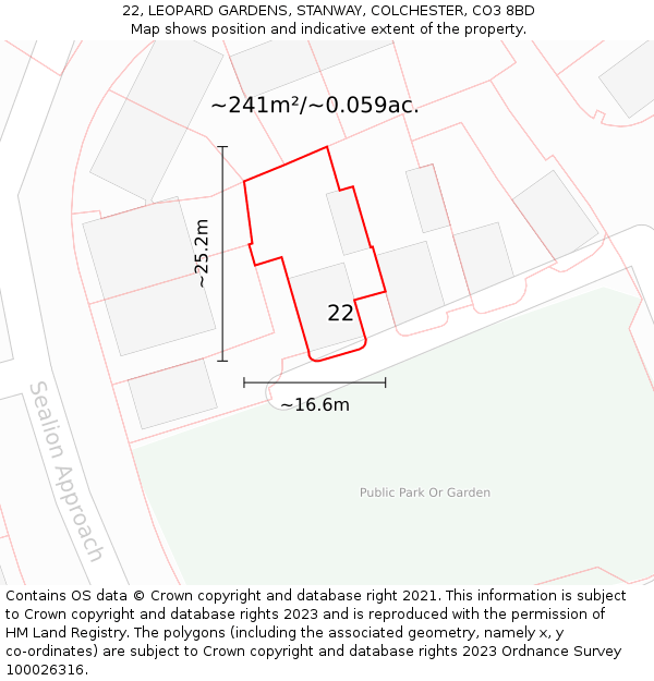 22, LEOPARD GARDENS, STANWAY, COLCHESTER, CO3 8BD: Plot and title map