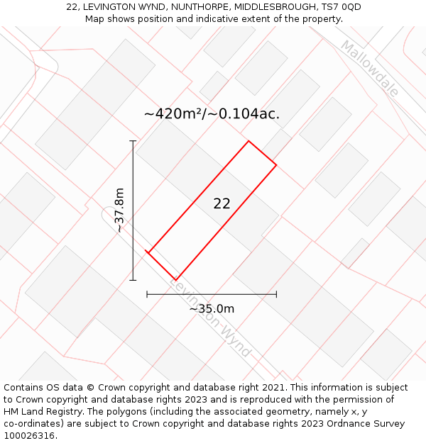 22, LEVINGTON WYND, NUNTHORPE, MIDDLESBROUGH, TS7 0QD: Plot and title map