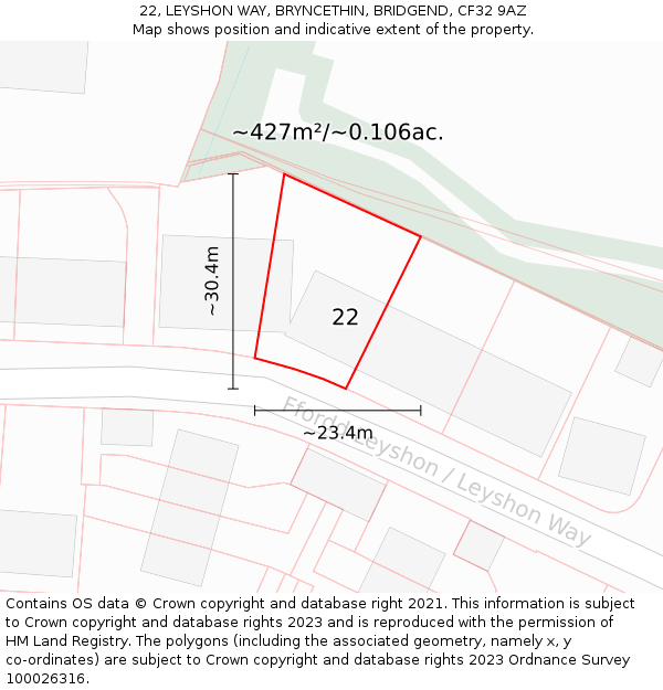 22, LEYSHON WAY, BRYNCETHIN, BRIDGEND, CF32 9AZ: Plot and title map