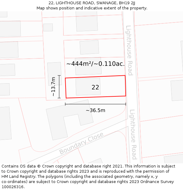 22, LIGHTHOUSE ROAD, SWANAGE, BH19 2JJ: Plot and title map