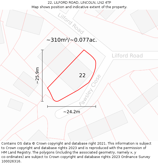 22, LILFORD ROAD, LINCOLN, LN2 4TP: Plot and title map