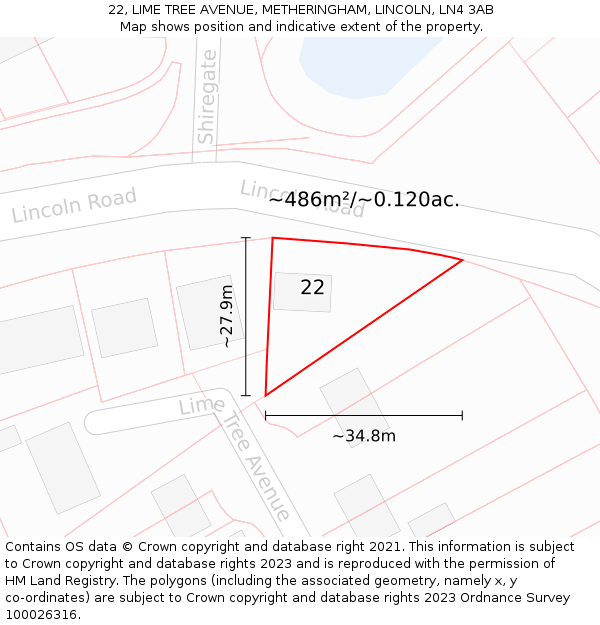 22, LIME TREE AVENUE, METHERINGHAM, LINCOLN, LN4 3AB: Plot and title map
