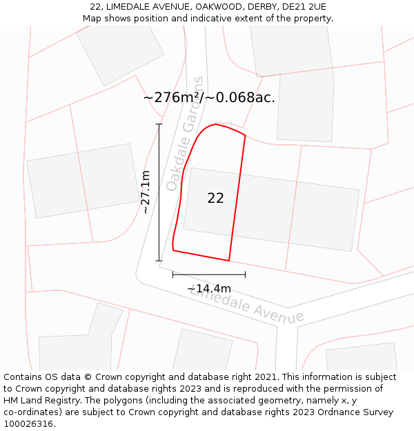 22, LIMEDALE AVENUE, OAKWOOD, DERBY, DE21 2UE: Plot and title map