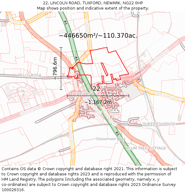 22, LINCOLN ROAD, TUXFORD, NEWARK, NG22 0HP: Plot and title map