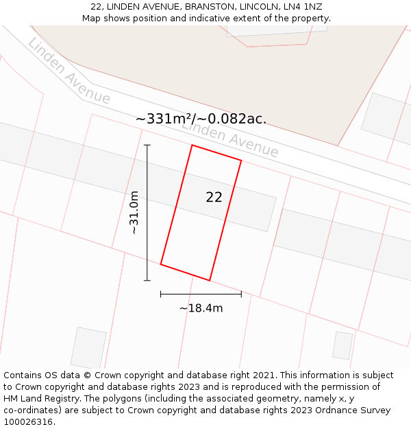 22, LINDEN AVENUE, BRANSTON, LINCOLN, LN4 1NZ: Plot and title map