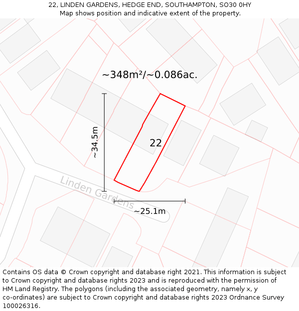 22, LINDEN GARDENS, HEDGE END, SOUTHAMPTON, SO30 0HY: Plot and title map