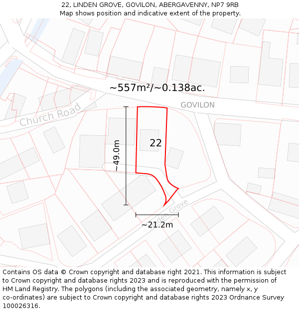 22, LINDEN GROVE, GOVILON, ABERGAVENNY, NP7 9RB: Plot and title map