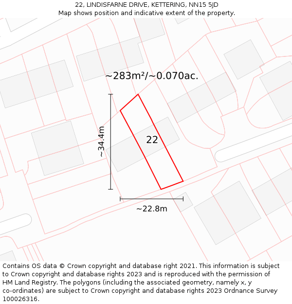 22, LINDISFARNE DRIVE, KETTERING, NN15 5JD: Plot and title map