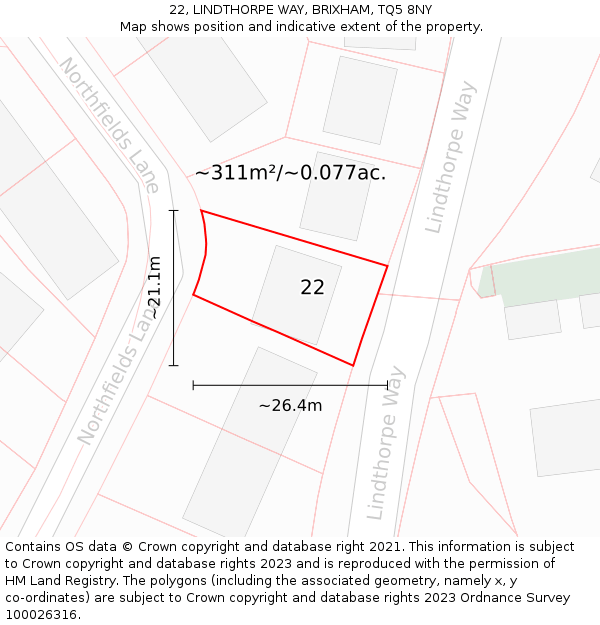 22, LINDTHORPE WAY, BRIXHAM, TQ5 8NY: Plot and title map