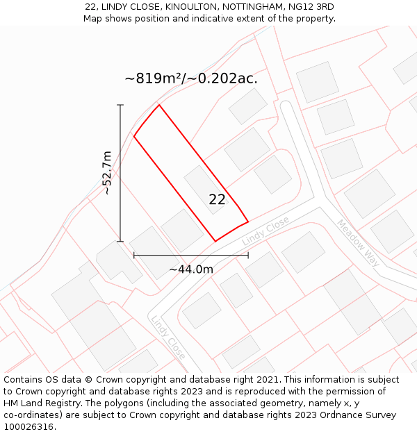 22, LINDY CLOSE, KINOULTON, NOTTINGHAM, NG12 3RD: Plot and title map