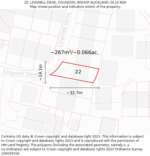 22, LINGMELL DENE, COUNDON, BISHOP AUCKLAND, DL14 8QX: Plot and title map