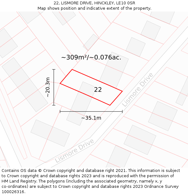 22, LISMORE DRIVE, HINCKLEY, LE10 0SR: Plot and title map