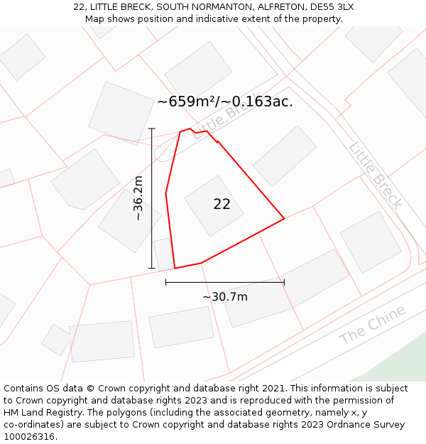 22, LITTLE BRECK, SOUTH NORMANTON, ALFRETON, DE55 3LX: Plot and title map