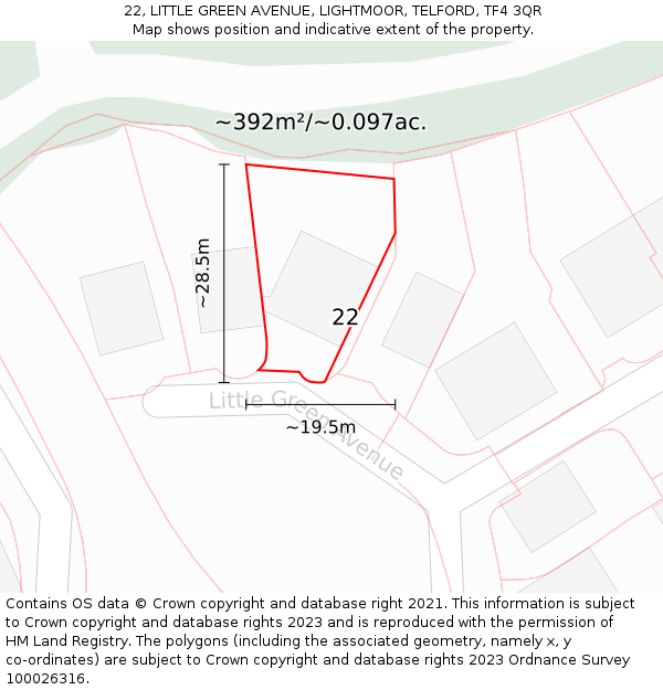22, LITTLE GREEN AVENUE, LIGHTMOOR, TELFORD, TF4 3QR: Plot and title map