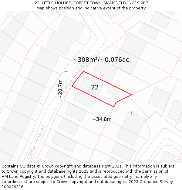22, LITTLE HOLLIES, FOREST TOWN, MANSFIELD, NG19 0EB: Plot and title map