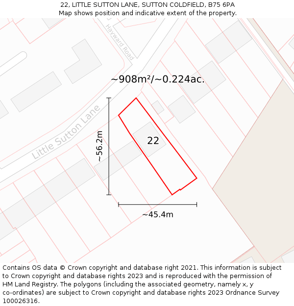 22, LITTLE SUTTON LANE, SUTTON COLDFIELD, B75 6PA: Plot and title map