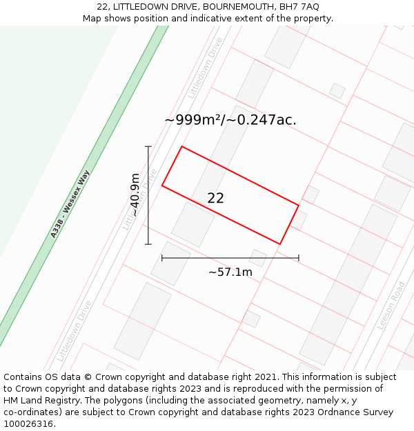 22, LITTLEDOWN DRIVE, BOURNEMOUTH, BH7 7AQ: Plot and title map