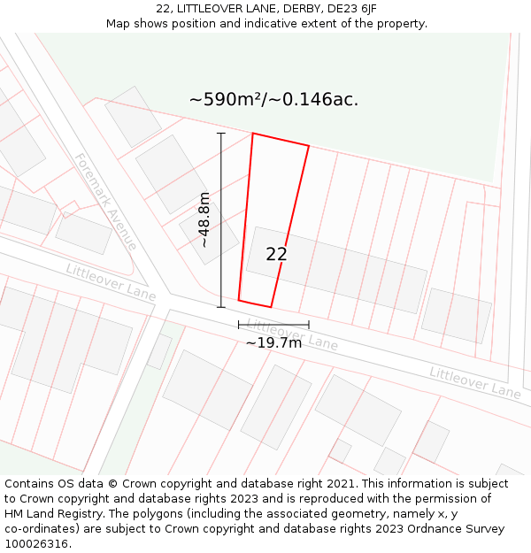 22, LITTLEOVER LANE, DERBY, DE23 6JF: Plot and title map