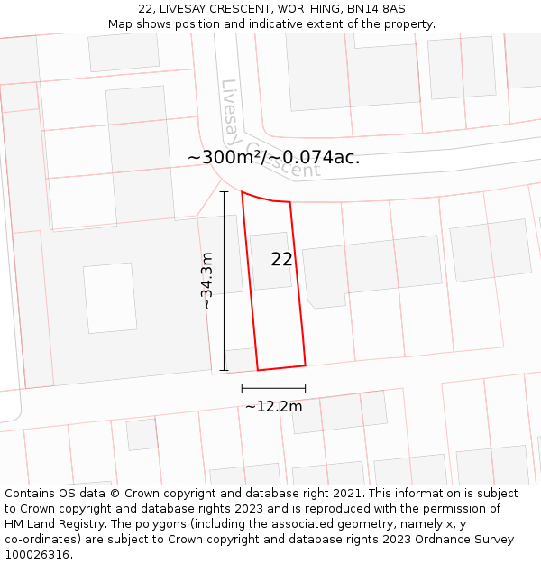 22, LIVESAY CRESCENT, WORTHING, BN14 8AS: Plot and title map