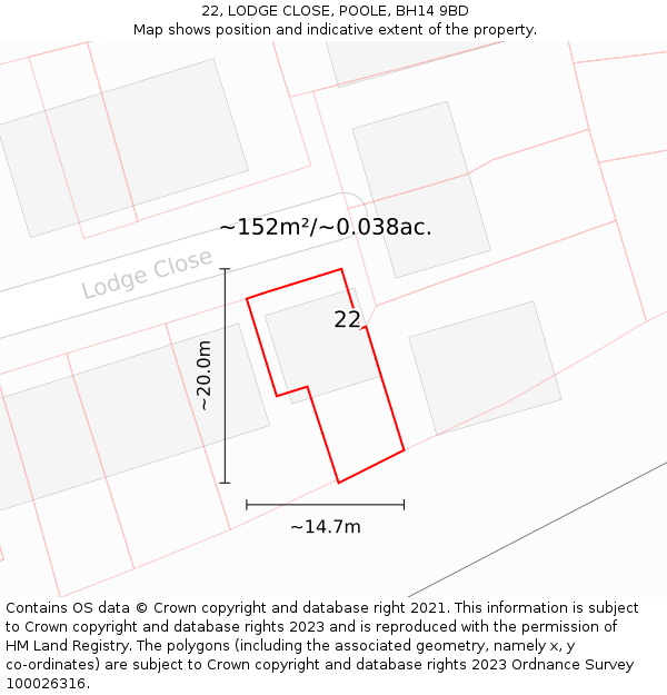 22, LODGE CLOSE, POOLE, BH14 9BD: Plot and title map