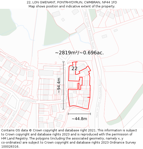 22, LON GWENANT, PONTRHYDYRUN, CWMBRAN, NP44 1FD: Plot and title map