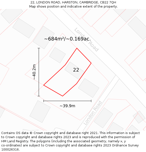 22, LONDON ROAD, HARSTON, CAMBRIDGE, CB22 7QH: Plot and title map