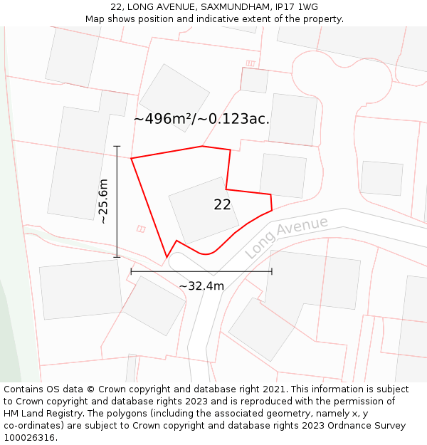 22, LONG AVENUE, SAXMUNDHAM, IP17 1WG: Plot and title map