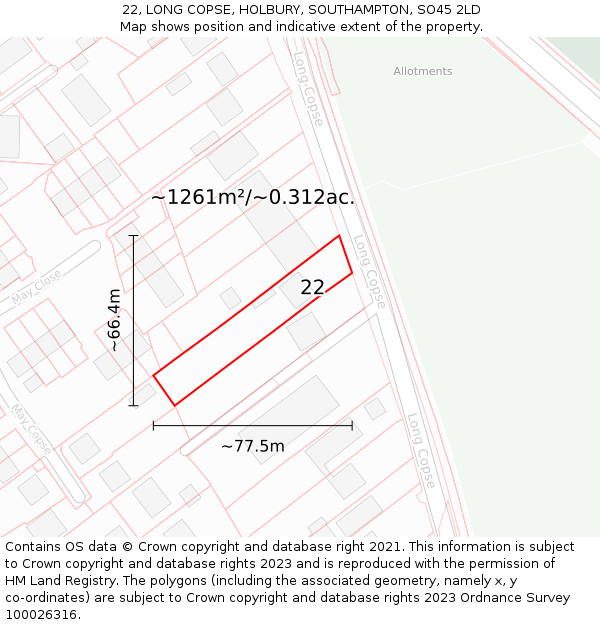 22, LONG COPSE, HOLBURY, SOUTHAMPTON, SO45 2LD: Plot and title map