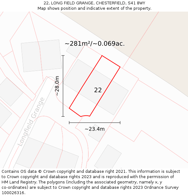 22, LONG FIELD GRANGE, CHESTERFIELD, S41 8WY: Plot and title map