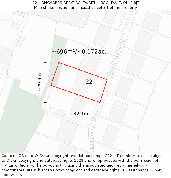22, LONGACRES DRIVE, WHITWORTH, ROCHDALE, OL12 8JT: Plot and title map