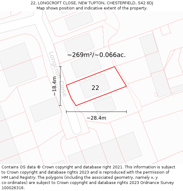 22, LONGCROFT CLOSE, NEW TUPTON, CHESTERFIELD, S42 6DJ: Plot and title map