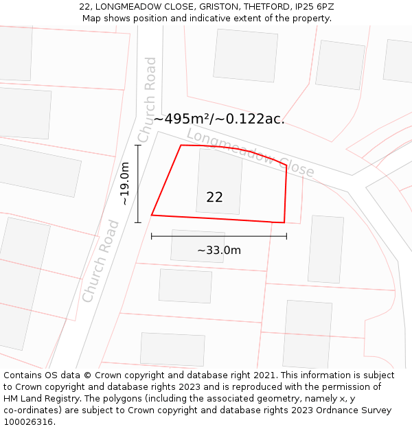 22, LONGMEADOW CLOSE, GRISTON, THETFORD, IP25 6PZ: Plot and title map