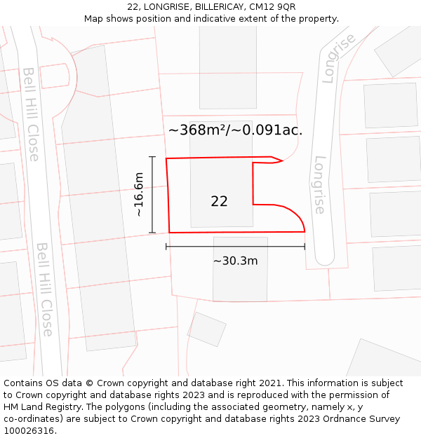 22, LONGRISE, BILLERICAY, CM12 9QR: Plot and title map