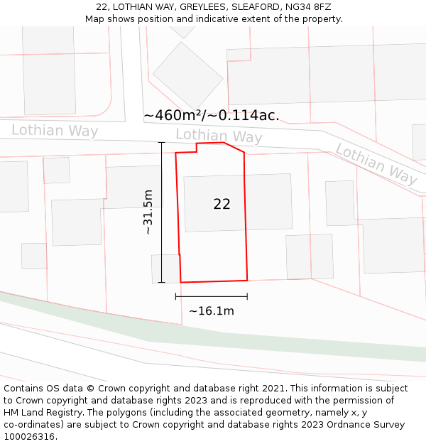 22, LOTHIAN WAY, GREYLEES, SLEAFORD, NG34 8FZ: Plot and title map