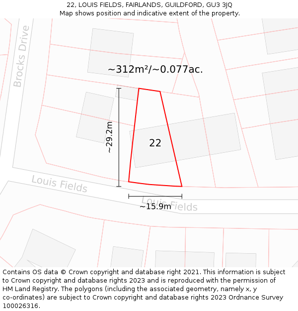 22, LOUIS FIELDS, FAIRLANDS, GUILDFORD, GU3 3JQ: Plot and title map