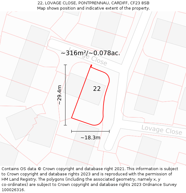 22, LOVAGE CLOSE, PONTPRENNAU, CARDIFF, CF23 8SB: Plot and title map