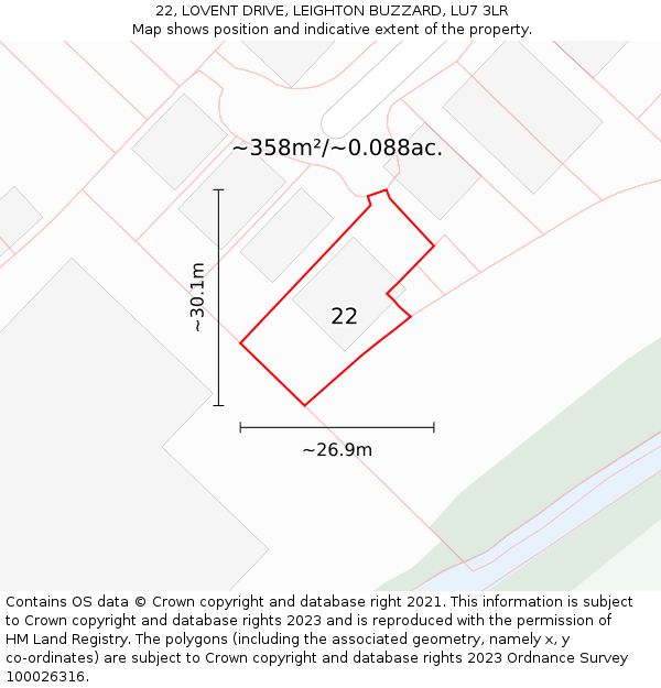 22, LOVENT DRIVE, LEIGHTON BUZZARD, LU7 3LR: Plot and title map