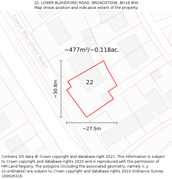 22, LOWER BLANDFORD ROAD, BROADSTONE, BH18 8NX: Plot and title map