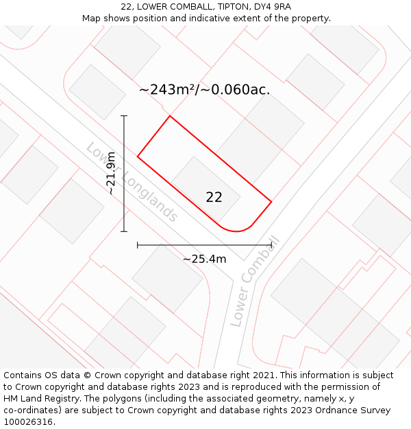 22, LOWER COMBALL, TIPTON, DY4 9RA: Plot and title map