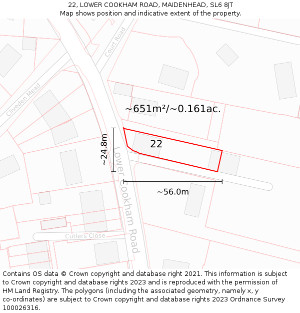 22, LOWER COOKHAM ROAD, MAIDENHEAD, SL6 8JT: Plot and title map