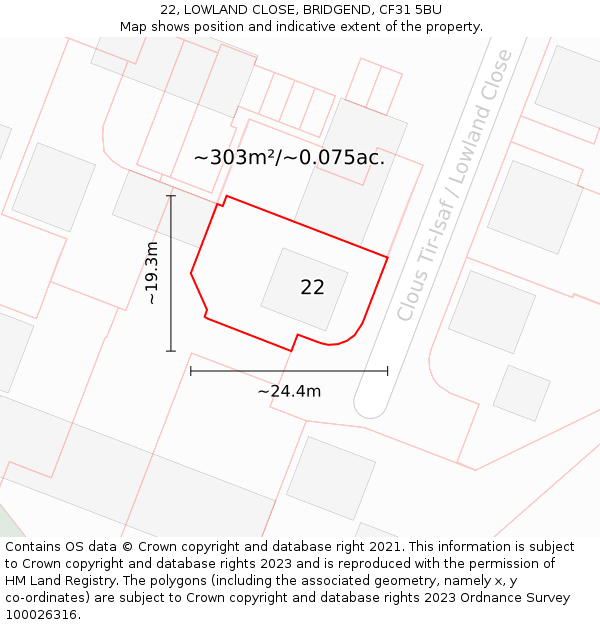 22, LOWLAND CLOSE, BRIDGEND, CF31 5BU: Plot and title map