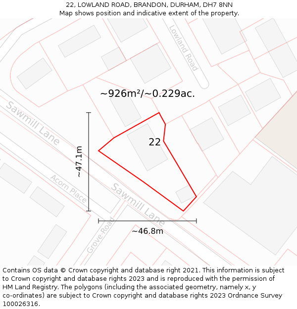 22, LOWLAND ROAD, BRANDON, DURHAM, DH7 8NN: Plot and title map
