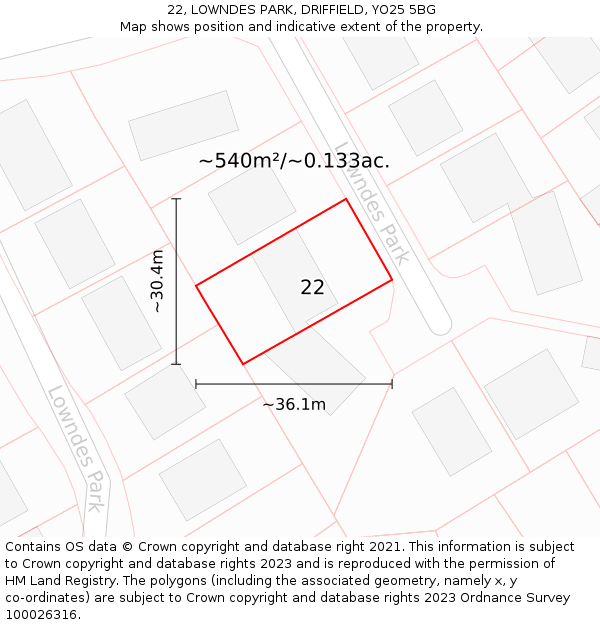22, LOWNDES PARK, DRIFFIELD, YO25 5BG: Plot and title map