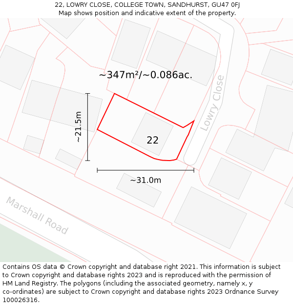 22, LOWRY CLOSE, COLLEGE TOWN, SANDHURST, GU47 0FJ: Plot and title map