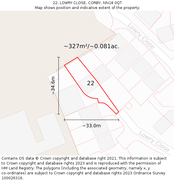 22, LOWRY CLOSE, CORBY, NN18 0QT: Plot and title map