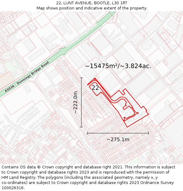 22, LUNT AVENUE, BOOTLE, L30 1RT: Plot and title map